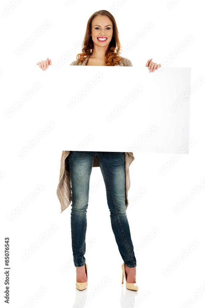Happy woman with blank board. Happy woman with blank board.