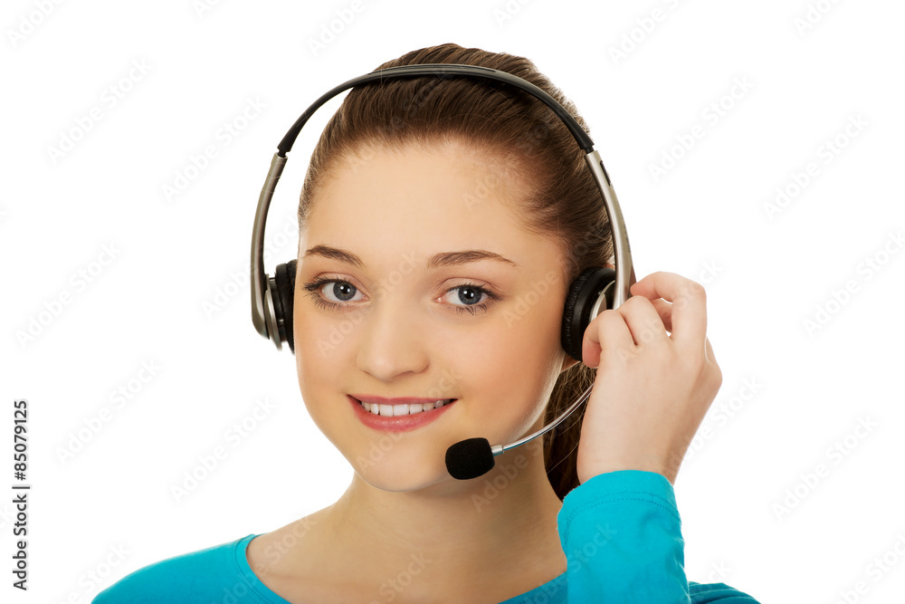 Call center smiling woman operator.