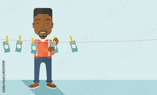 Black buisnessman hang his money.