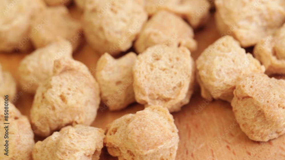 Soy meat - extruded dry soy beans product closeup Soy meat - extruded dry soy beans product closeup