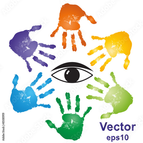 Conceptual human hand print with an eye symbol
