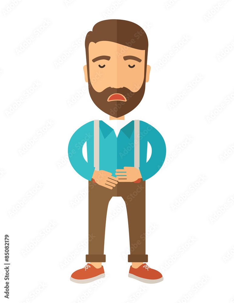 Man standing while holding his stomach has a abdominal pain. Man standing while holding his stomach has a abdominal pain.