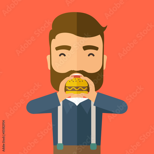 Man happy eating hamburger.