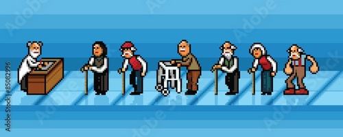 old people waiting in line in hospital pixel art vector layers illustration