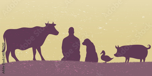 Silhouettes of man with many animals retro grunge style violet