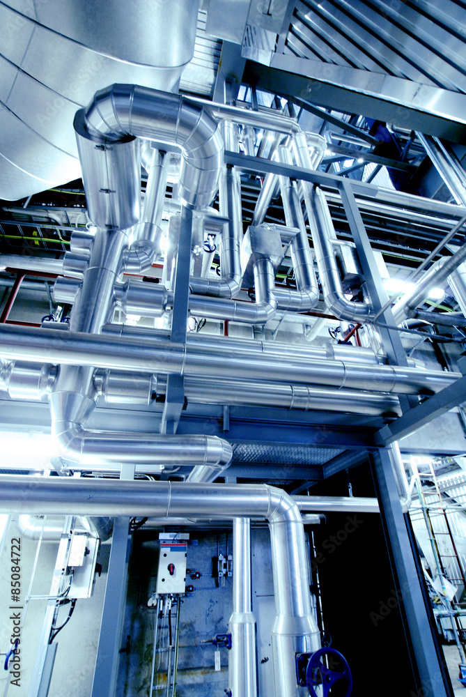 Fototapeta premium Industrial zone, Steel pipelines in blue tones