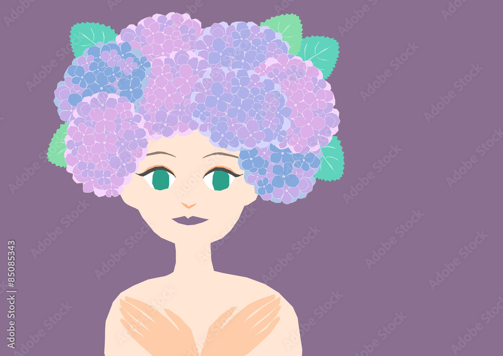 花ヘアスタイルの女性のイラスト: 紫陽花