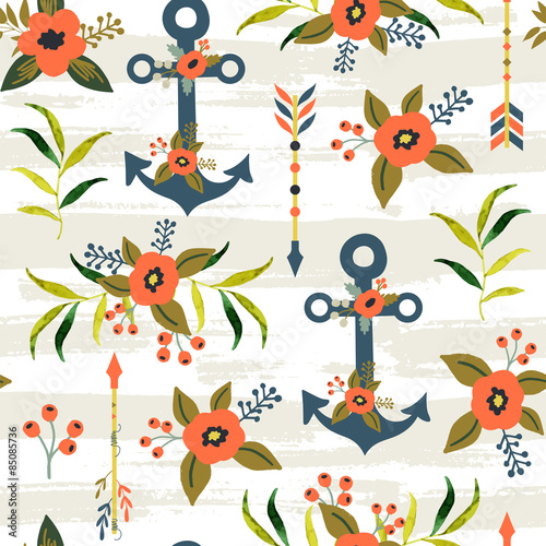 Seamless pattern with summer flowers and anchors.