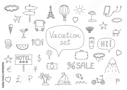 Vacation doodles .Handmade icons collection of travel.