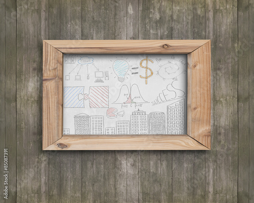 Whiteboard wooden frame with business concepts doodles brown woo photo