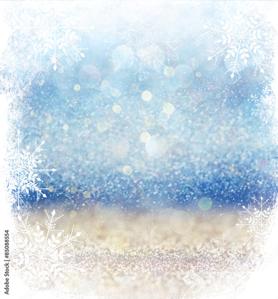Fototapeta premium white and silver abstract bokeh lights. defocused background with snowflake overlay 