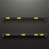 Dark Pegboard Background with shelves and price tags