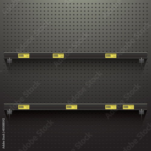 Dark Pegboard Background with shelves and price tags