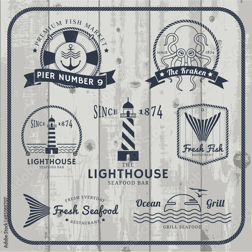Nautical and seafood labels set