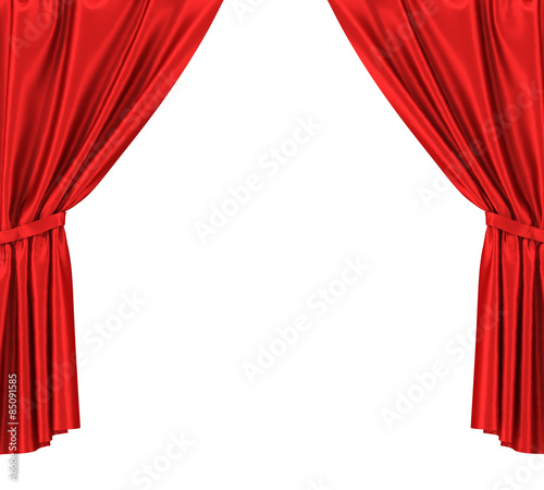 Red silk curtains with garter isolated on white background.