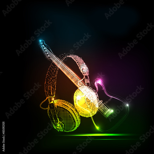 neon guitar with Headphones, grunge music  easy all editable