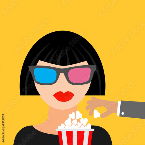 Brunet girl at the Cinema theatre in 3D glasses Hand steal popcorn.  Black dress Flat dsign style icon.