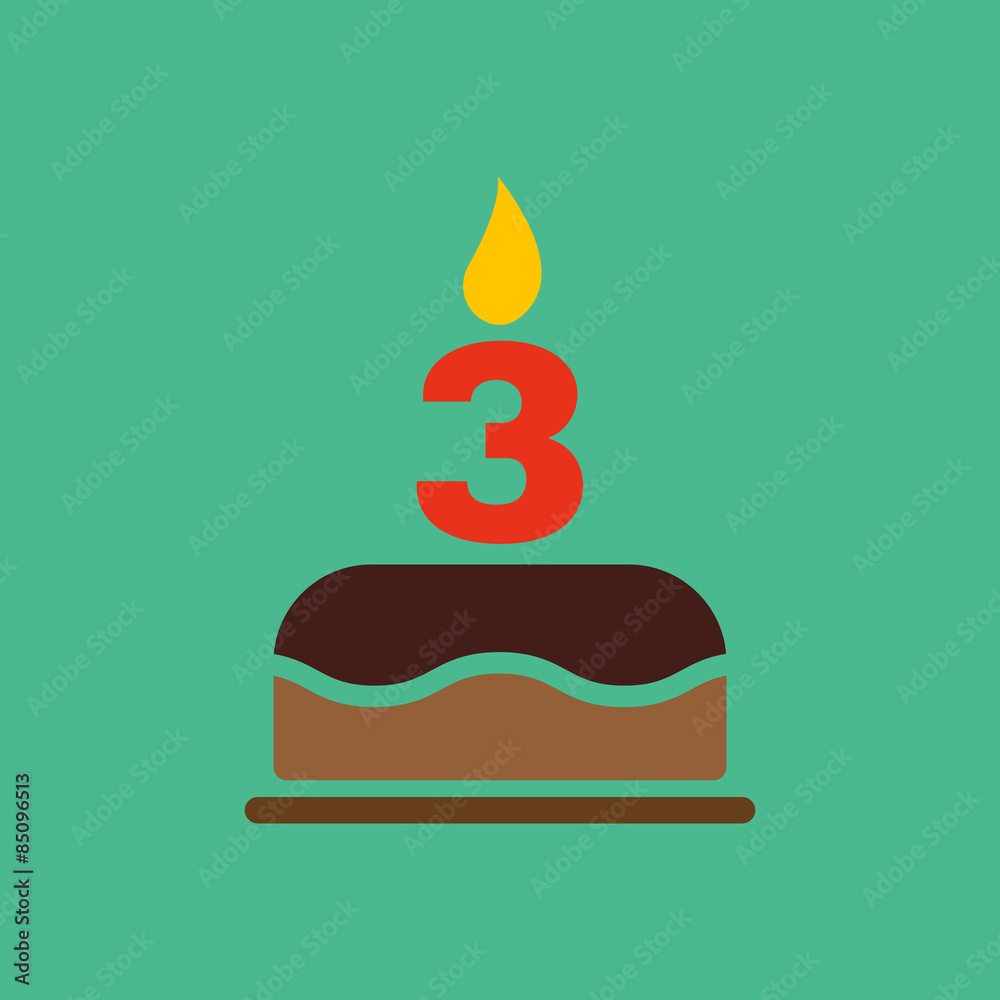 The birthday cake with candles in the form of number 3 icon. Birthday symbol. Flat The birthday cake with candles in the form of number 3 icon. Birthday symbol. Flat