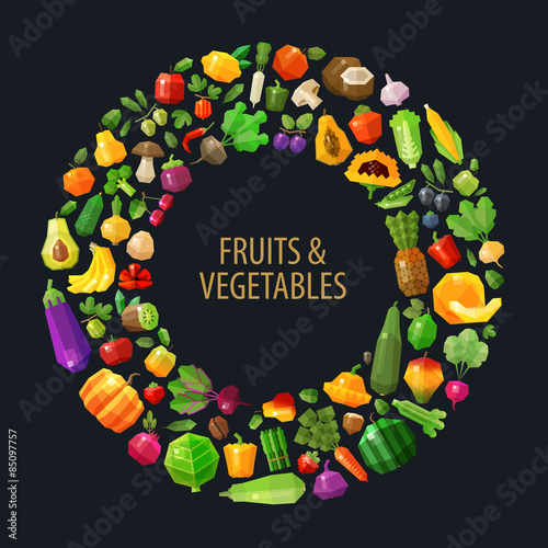 fresh fruits and vegetables in the circle vector logo design