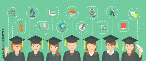 Vector flat horizontal illustration of group of kids in graduation gowns and caps with icons of different school subjects and sciences. Education infographics conceptual element. Header banner design