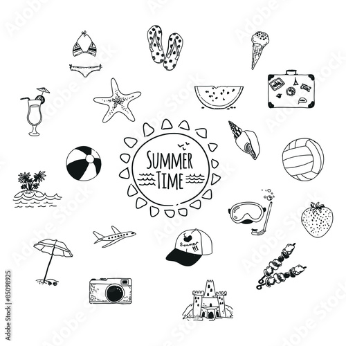Set of 19 vector hand drawn summer icons isolated on white background 