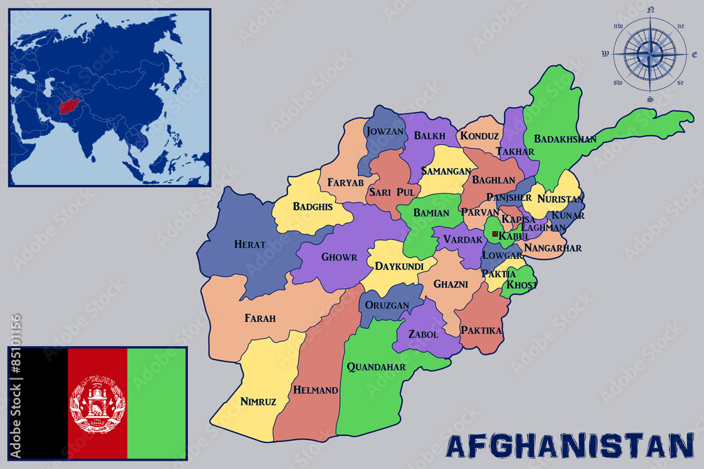 Map, Flag and Location of Afghanistan