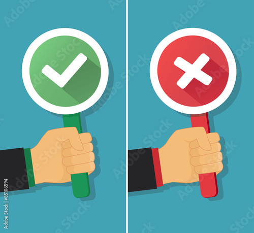 Vector hand with true and false sign in flat style. 