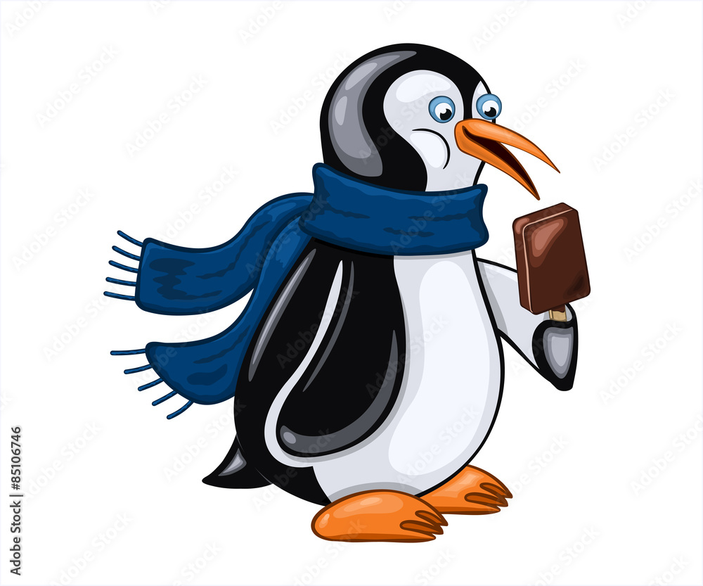 Joyful penguin holds chocolate ice cream in his wing Joyful penguin holds chocolate ice cream in his wing