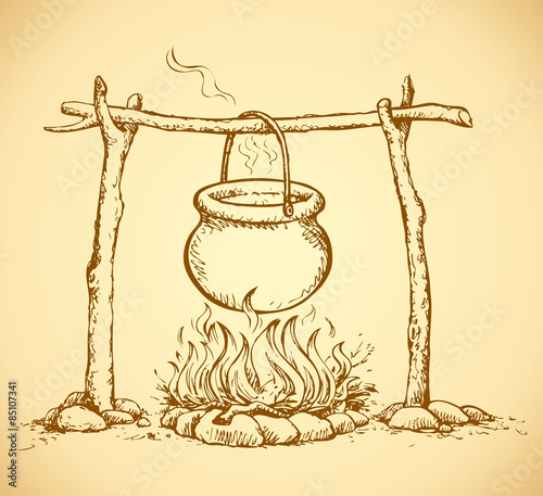 Pot on the fire. Vector drawing