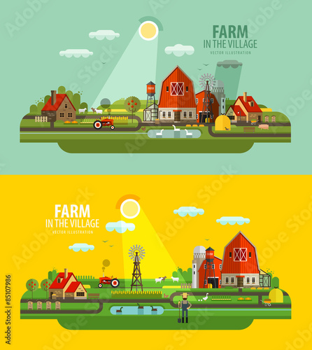 Farm in the village. Set of elements - barn, tractor, animals