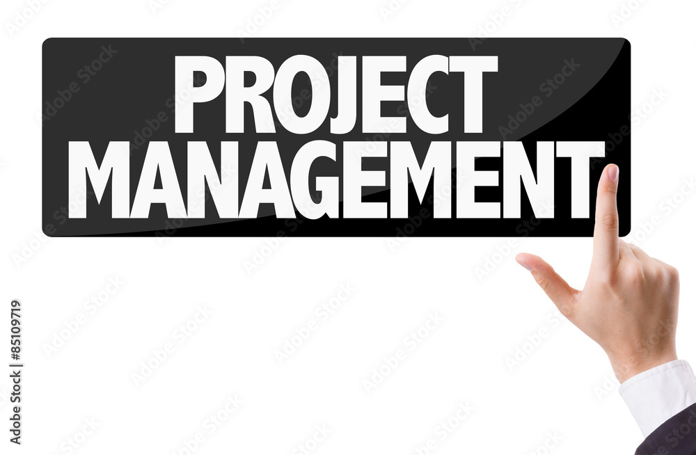 Businessman pressing button with the text: Project Management Businessman pressing button with the text: Project Management