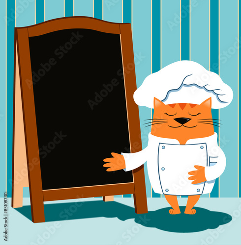 Cat chef in retro cartoon style shows a wooden menu board