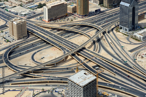 Road junction and skyscrapers from above in Dubai
