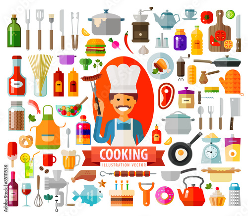cooking. set of elements - chef, food, pan, frying pan, wine
