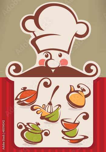 cartoon chef head, dish, and menu board