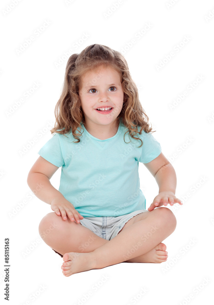 Cute little girl with three year old sitting on the floor Cute little girl with three year old sitting on the floor