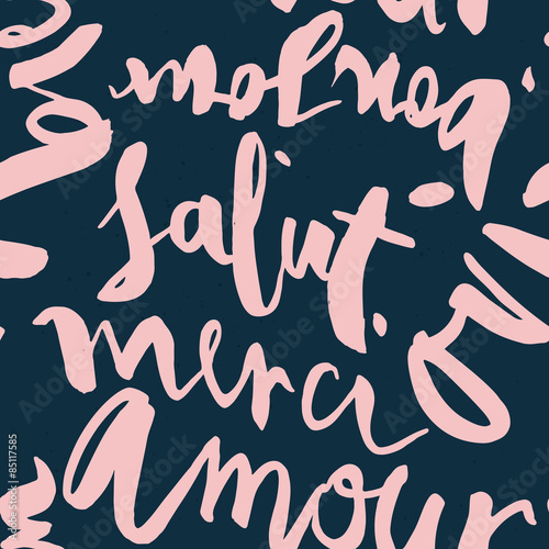 Seamless French inscriptions. Love, thank you, hello. A set of w