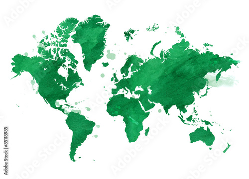 Vector watercolor green map of the world with a isolated background.