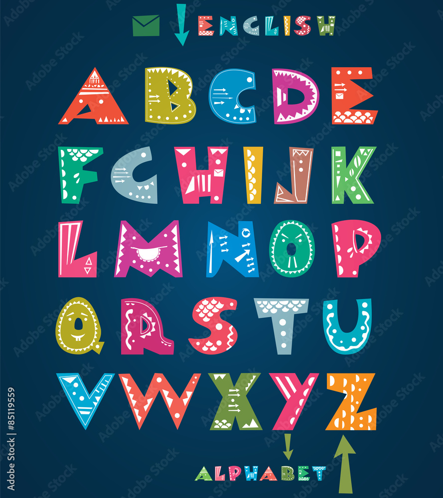 Cute alphabet letters with hand drawn pattern