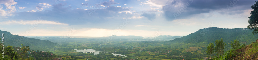 panorama mountains, forests and agricultural areas