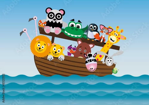 Obraz zwierzęta,arka.lew,panda,żyrafa,zebra,miś,krokodyl,statek,ptaki,flaming,królik,ślimak,pingwin,