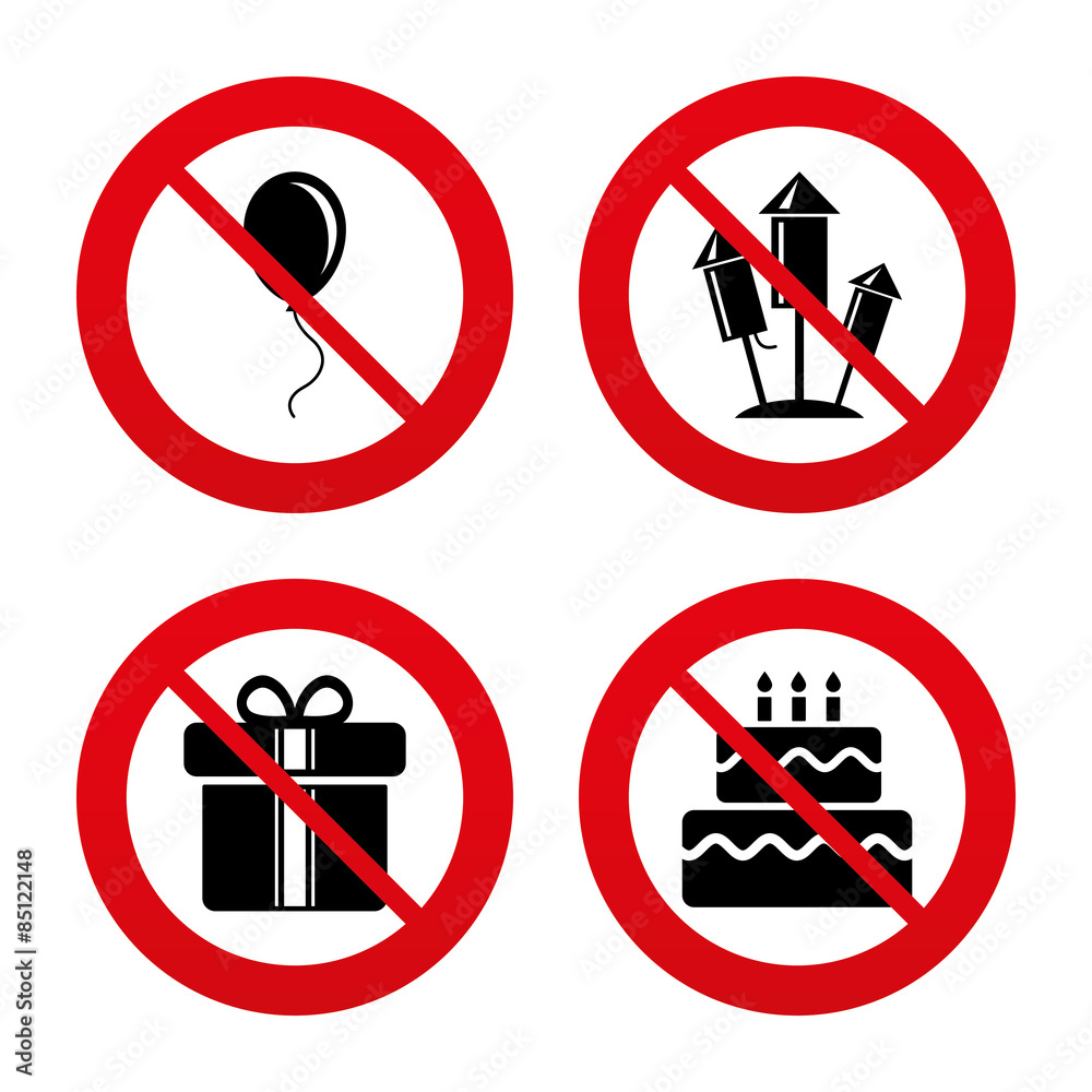 Birthday party icons. Cake and gift box symbol Birthday party icons. Cake and gift box symbol
