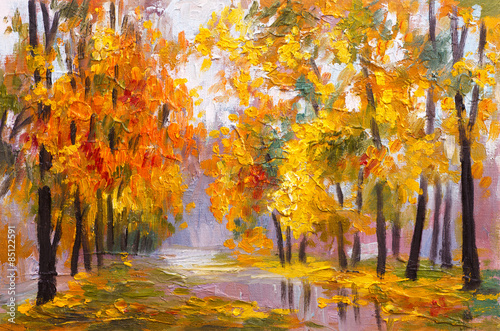 Plakat Pejzaż - jesienny las, pełen opadłych liści