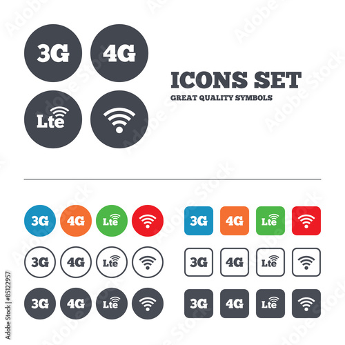 Mobile telecommunications icons. 3G, 4G and LTE.