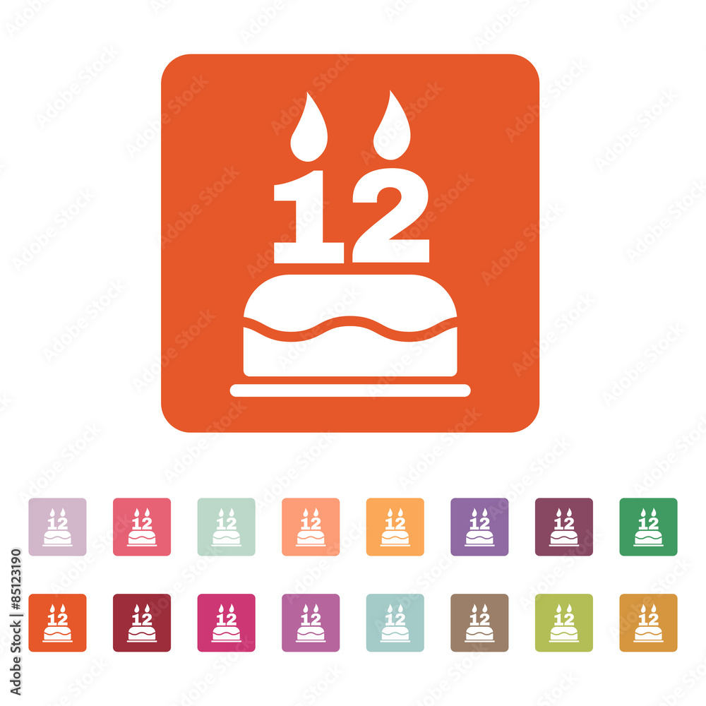 The birthday cake with candles in the form of number 12 icon. Birthday symbol. Flat
