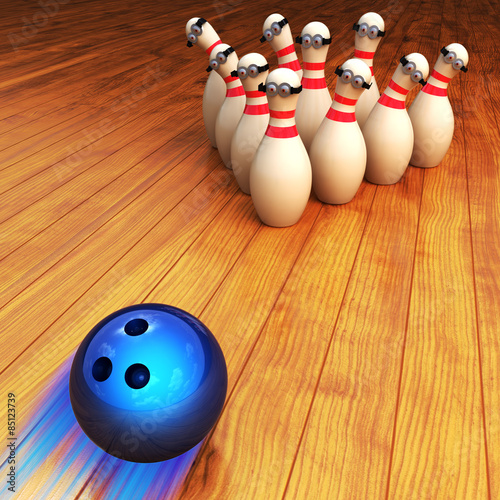 Bowling game illustration and strike concept, moving bowling ball and animated cartoon skittles on wooden floor background
