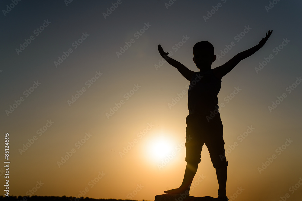 Fototapeta premium Silhouette of Young Boy Standing with Open Arms