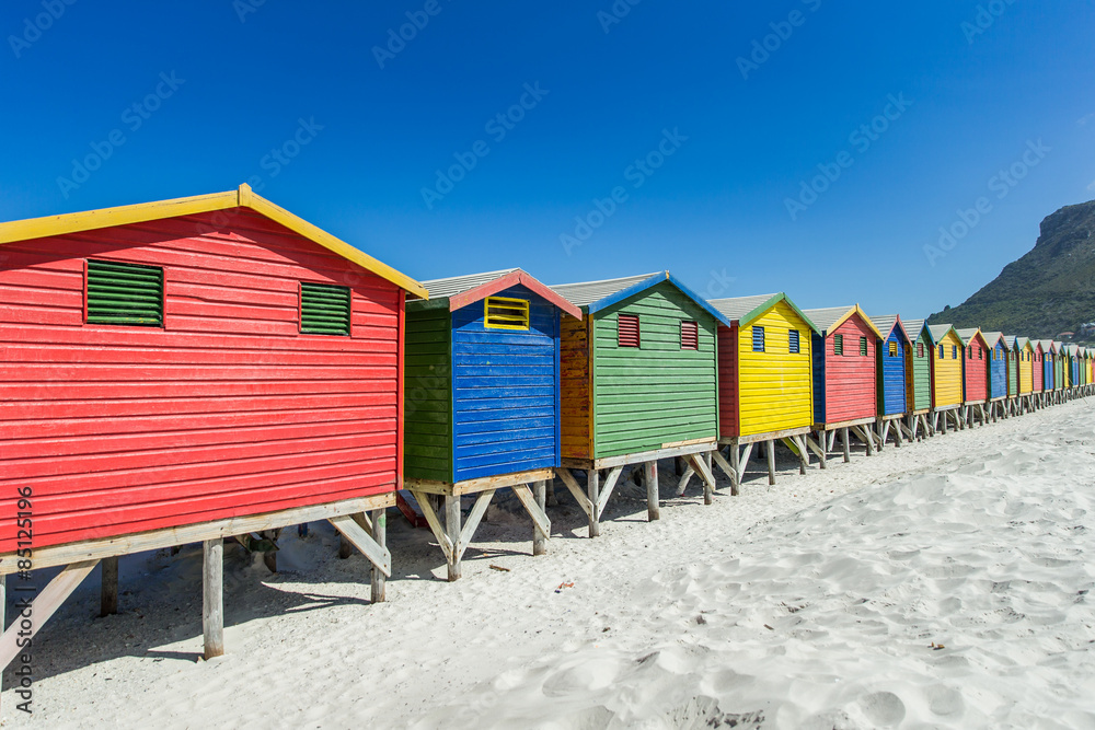 Colorful Beach Houses at the beach in Muizenberg, Cape Town, South Africa, beach huts Colorful Beach Houses at the beach in Muizenberg, Cape Town, South Africa, beach huts