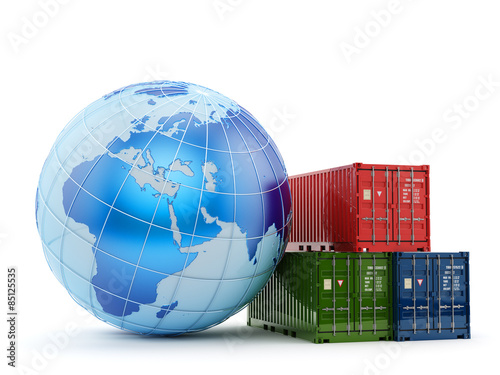 Logistics, shipping and freight transportation business concept, stack of multicolored cargo containers near the Earth globe isolated on white background