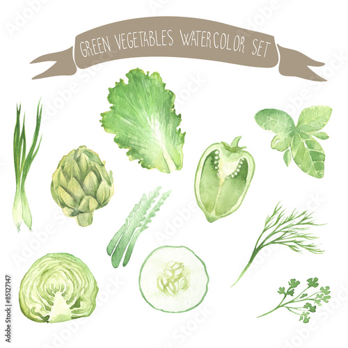 Green fresh vegetables watercolor vector set